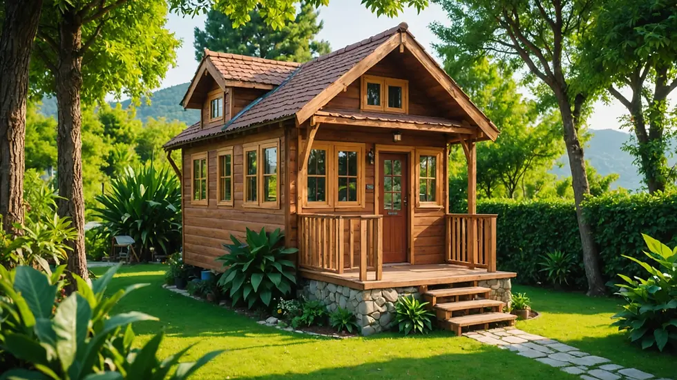 Eye-level view of a cozy tiny house surrounded by lush greenery in Marmaris
