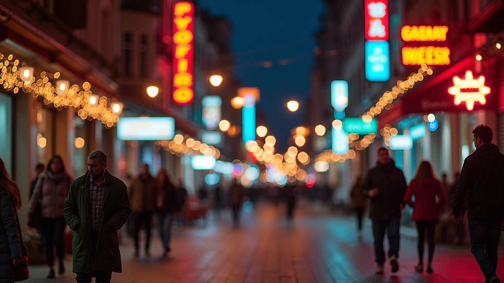 Eye-level view of a lively street in Beyoğlu with neon lights and bustling nightlife