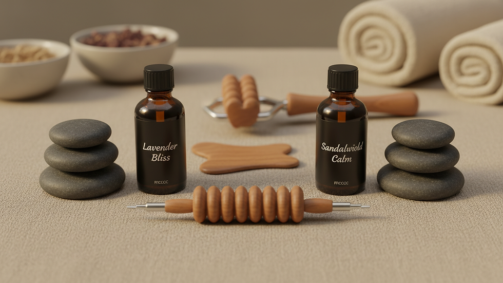 Close-up view of essential oils and massage tools arranged neatly