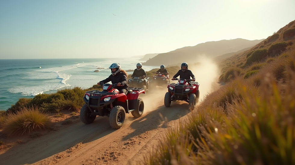 Wide angle view of a group of ATVs riding along a coastal trail with sea in the background