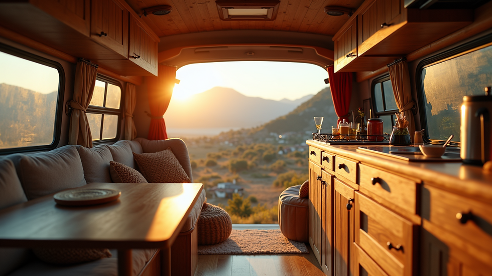 Eye-level view of a campervan interior with handcrafted wooden cabinets and cosy seating