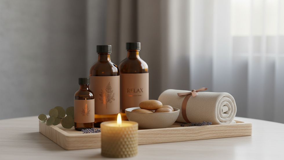 Close-up view of massage oils and natural spa elements arranged on a wooden tray