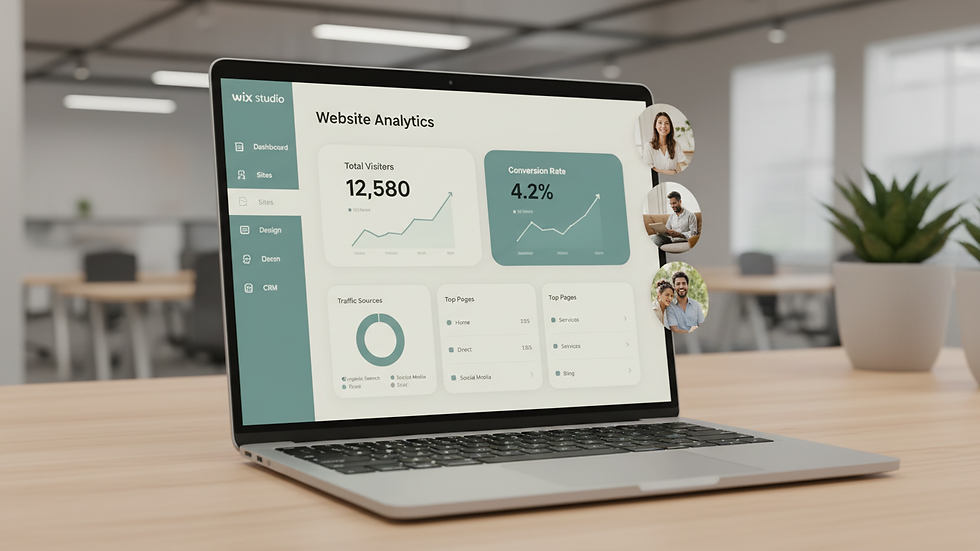 Close-up view of a laptop screen showing a Wix Studio dashboard with website analytics