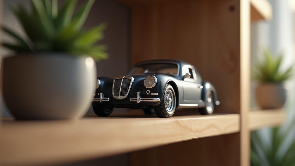 Close-up view of a detailed model car on a wooden shelf