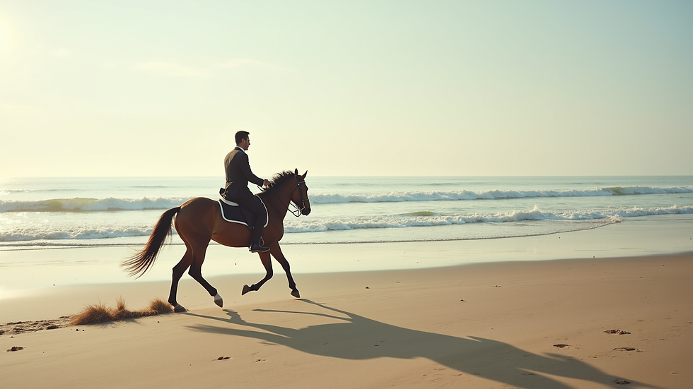 Wide angle view of a horse and rider trotting along a sandy beach