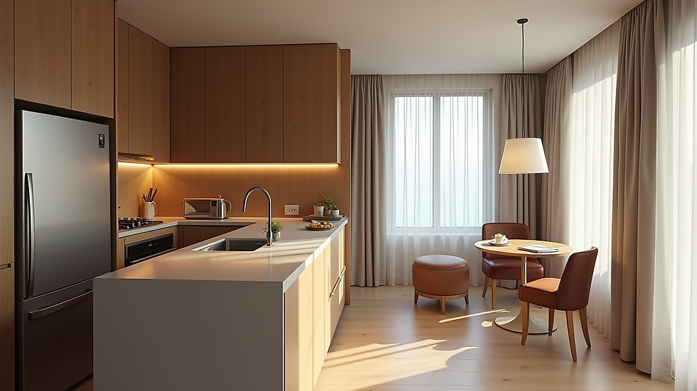 High angle view of a stylish kitchen in a luxury extended stay suite