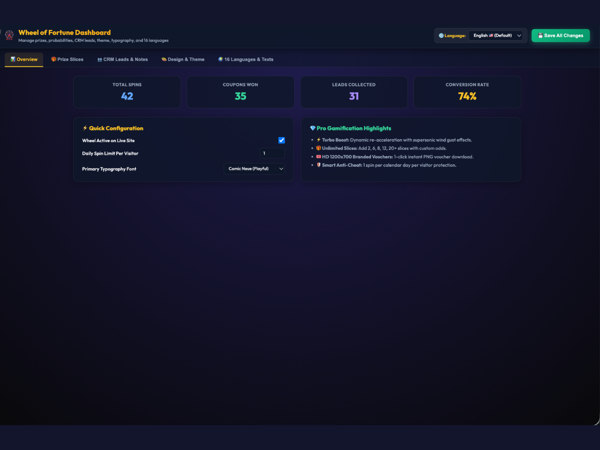 Wheel of Fortune - Spin & Win settings interface — Engagement app on the Wix App Market