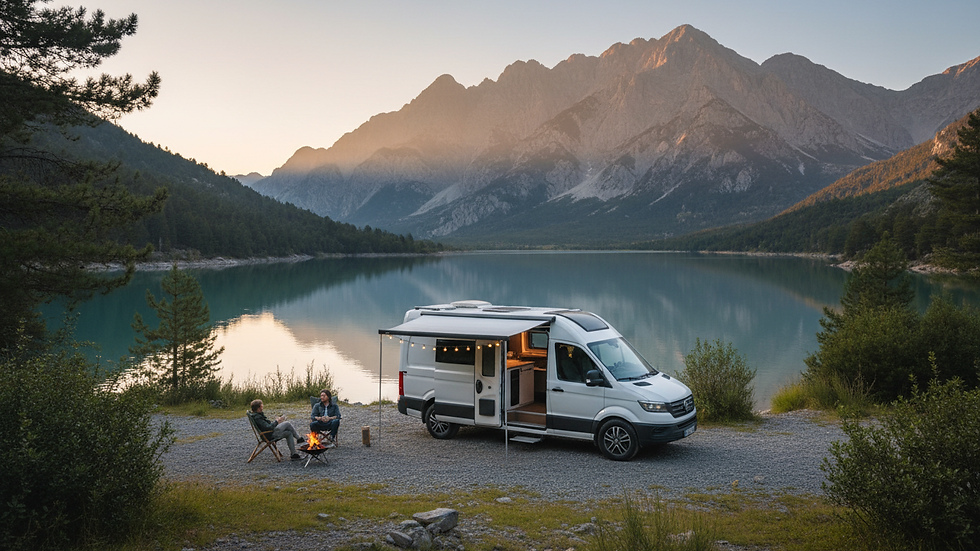 Wide angle view of a campervan parked near a mountain lake in Turkey
