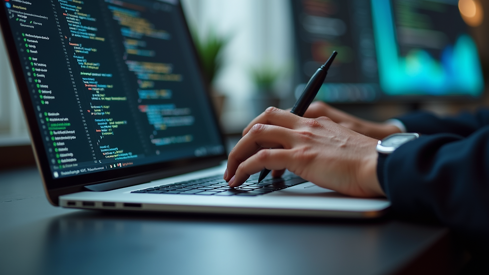 Close-up view of a developer writing code on a laptop keyboard