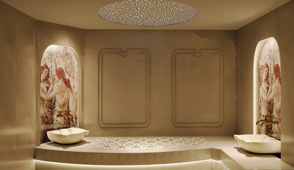 Elegant spa interior with artwork and two decorative basins for relaxation