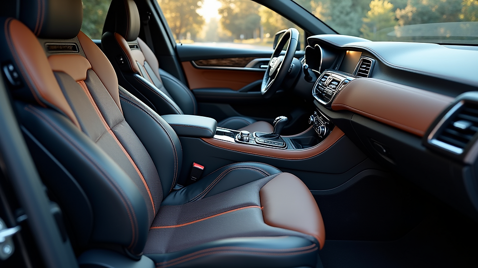 High angle view of a car interior with custom seat covers