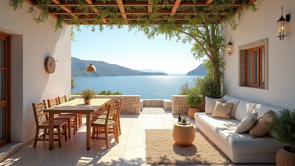 Wide angle view of a serene outdoor terrace with wooden furniture and sea view