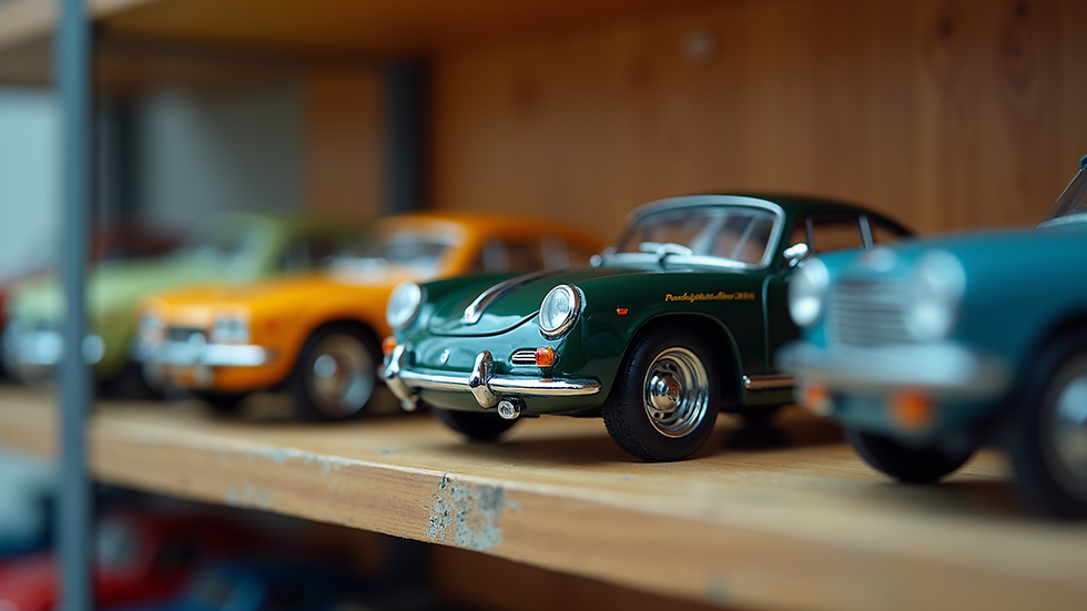 Close-up view of a detailed die-cast model car on a display shelf