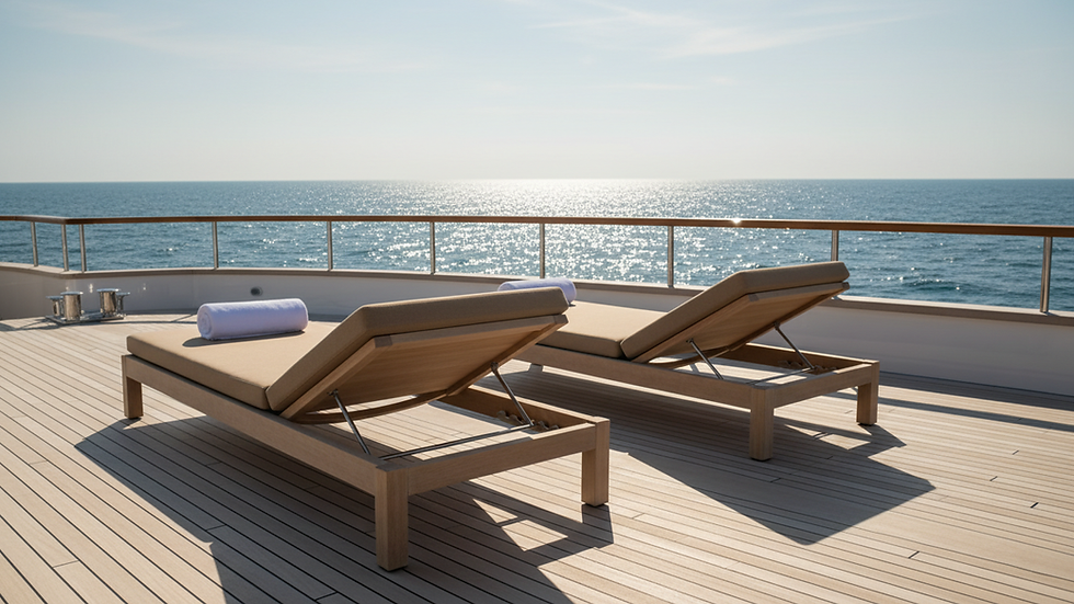 Close-up view of a boat deck with sun loungers and a sparkling sea in the background