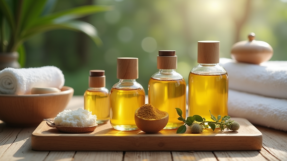 Close-up view of massage oils and natural spa products arranged on a wooden tray