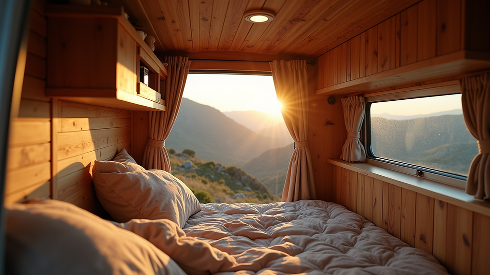 Close-up view of a cosy campervan interior with handcrafted wooden details