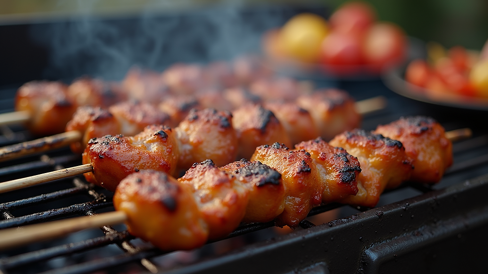 Close-up view of skewered şiş kebab on a grill