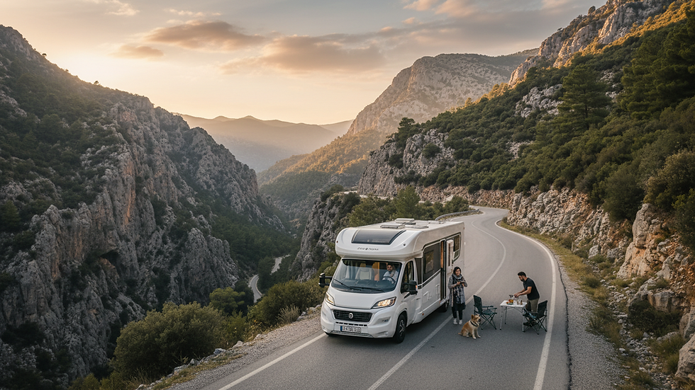 Wide angle view of a motorhome driving through a scenic mountain road in Turkey