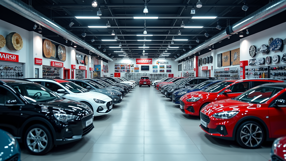 High angle view of a car showroom displaying various car accessories