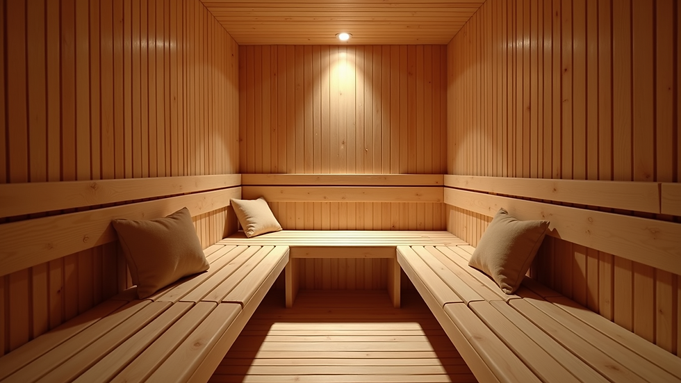 Eye-level view of a luxurious sauna interior with wooden benches