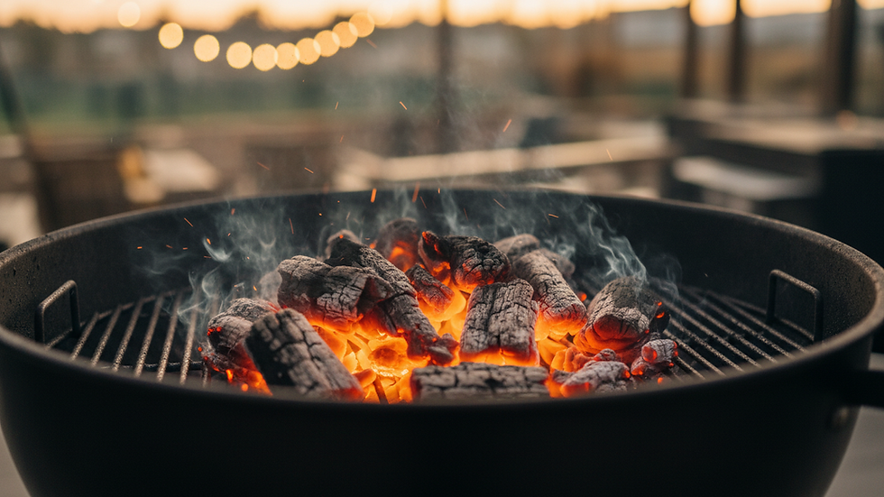 Eye-level view of a charcoal grill with glowing imported charcoal inside