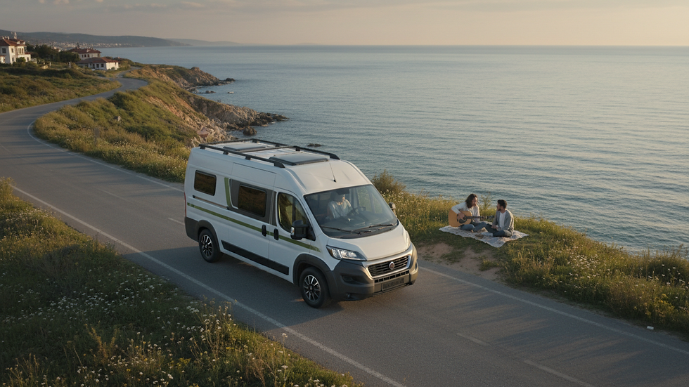 High angle view of a campervan driving along a coastal road in Turkey