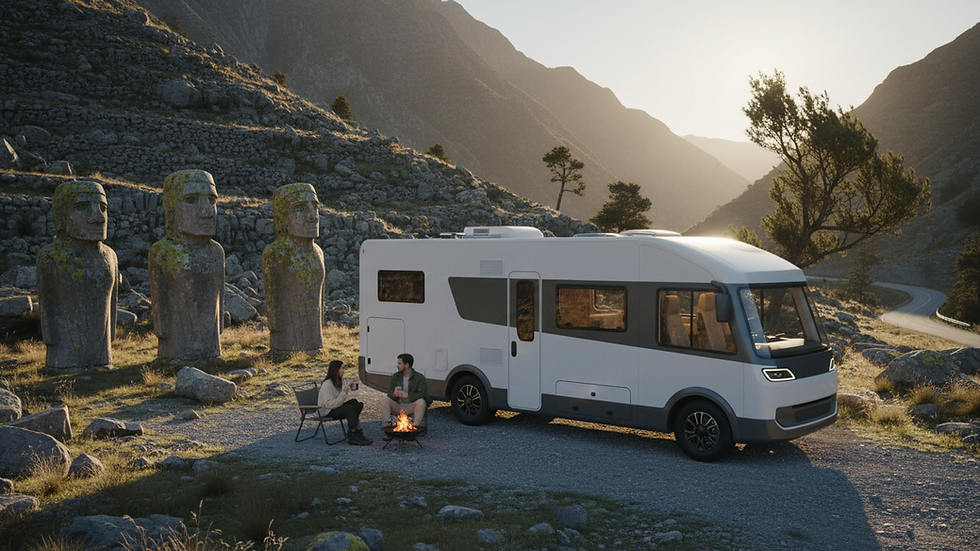 Wide angle view of a motorhome parked near ancient stone statues on a mountain
