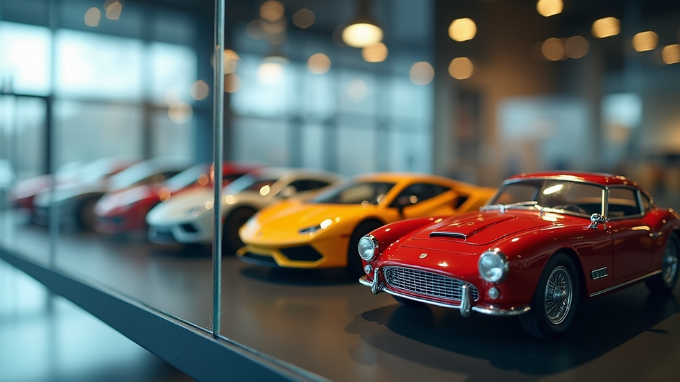 Eye-level view of a glass display case filled with various model cars