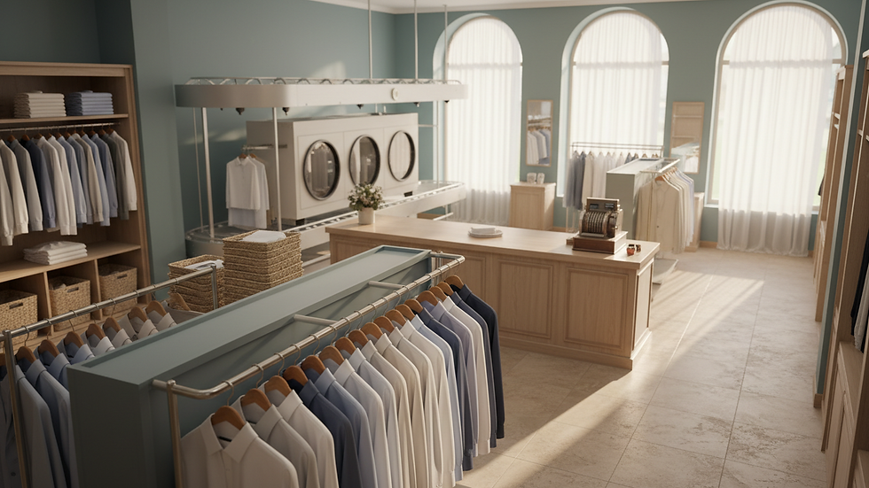 High angle view of a clean and organized dry cleaning shop interior