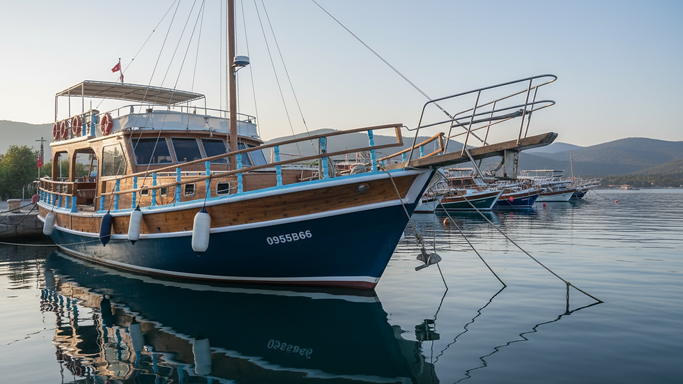 Close-up view of a colourful boat docked at Marmaris harbour