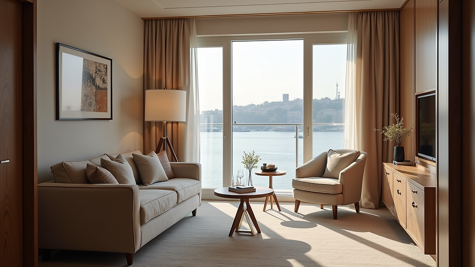 Close-up view of a luxury hotel suite with elegant decor and Bosphorus view