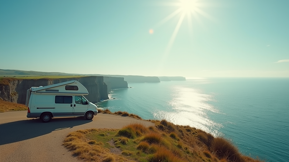 Wide angle view of a campervan parked on a cliff overlooking the sea
