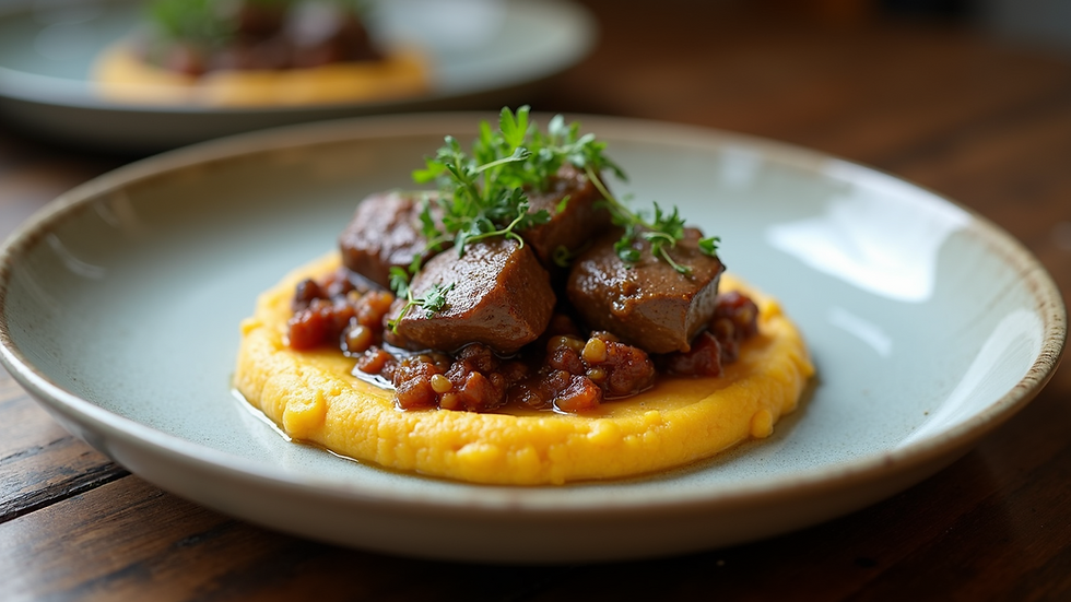 Eye-level view of a plated dish showcasing the lamb stew over eggplant puree