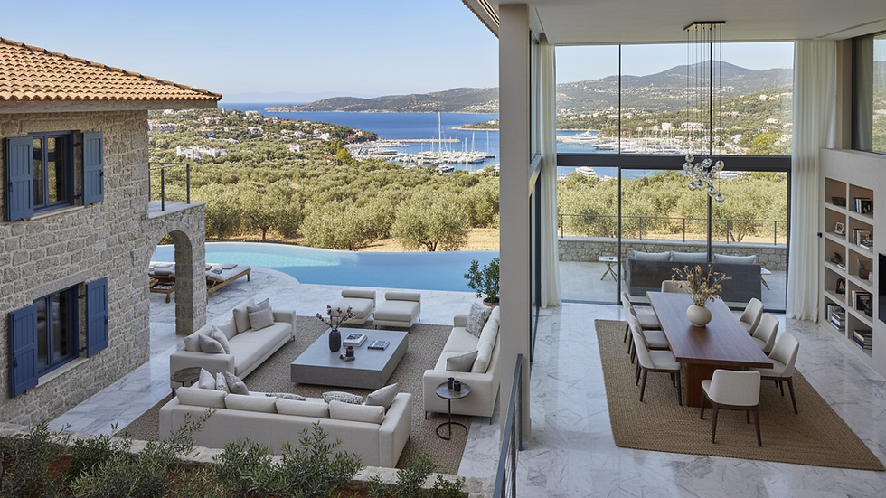 High angle view of a stone house surrounded by olive groves in the Aegean region