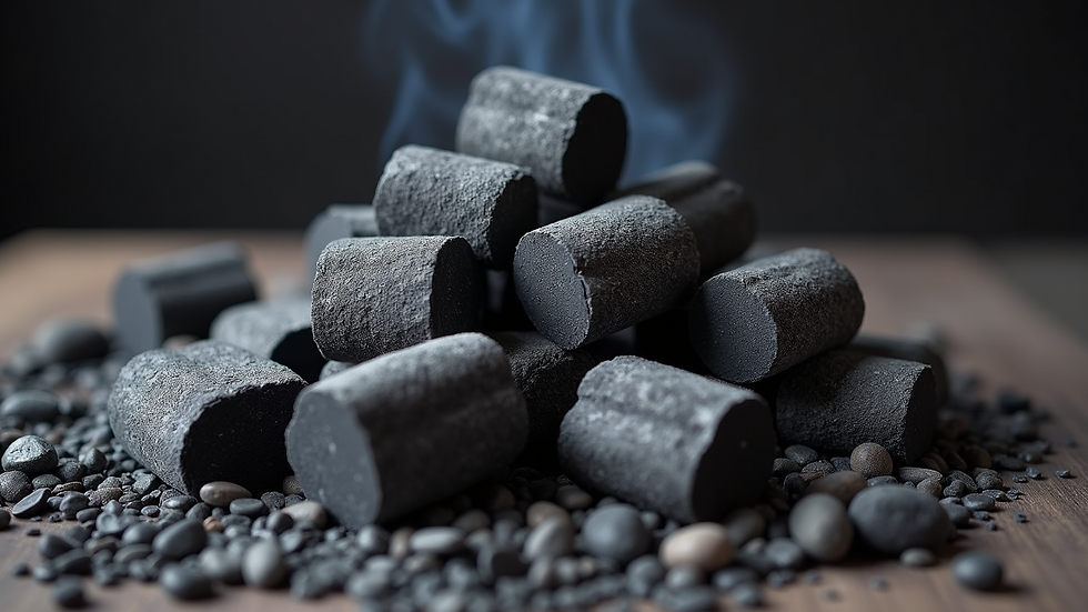 High angle view of charcoal briquettes arranged in a pyramid shape ready to be lit
