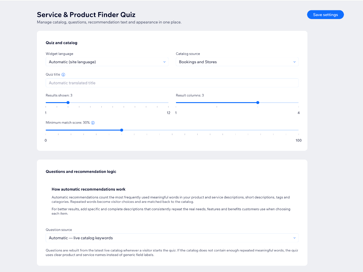 Service & Product Finder Quiz integration setup — Engagement app on the Wix App Market