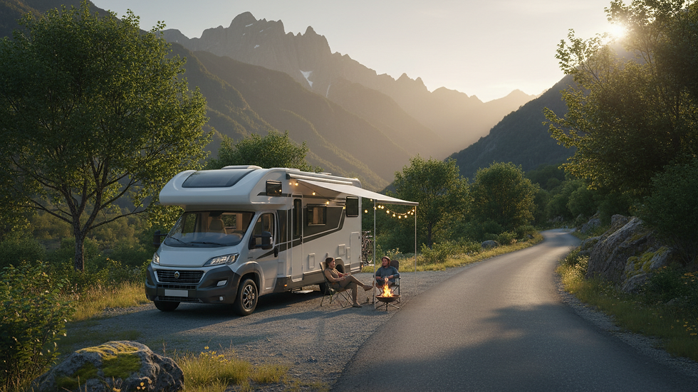 Wide angle view of a motorhome parked near a quiet rural road with mountains in the background