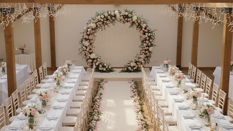 High angle view of a wedding venue decorated with flowers and lights