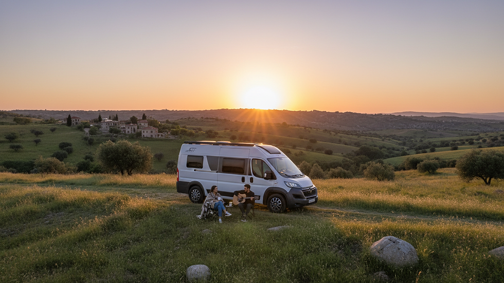 Wide angle view of a campervan parked on a hill overlooking a sunset over the Turkish countryside