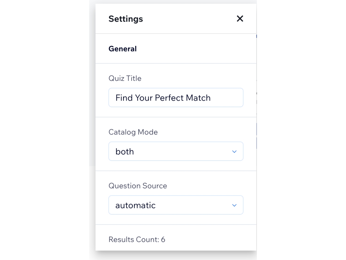 Service & Product Finder Quiz settings interface — Engagement app on the Wix App Market