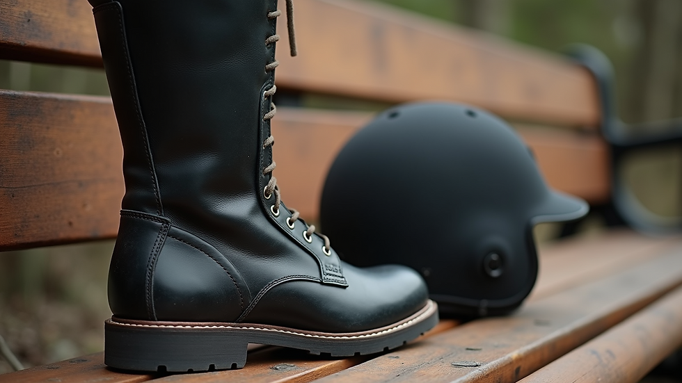 Close-up view of a sturdy riding boot and helmet placed on a wooden bench