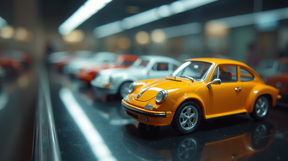 Eye-level view of a model car display case with various collectible cars