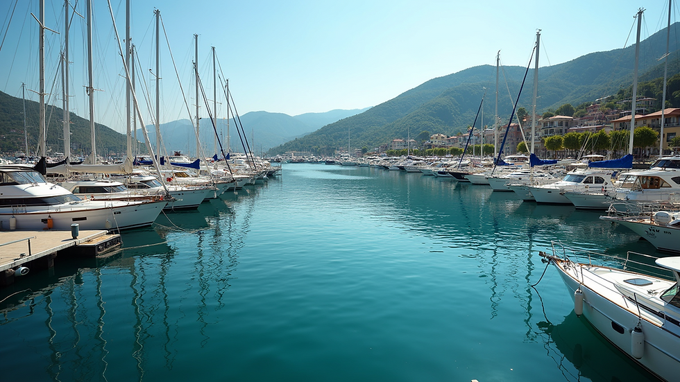 Wide angle view of the Marmaris marina with boats and lush hills in the background