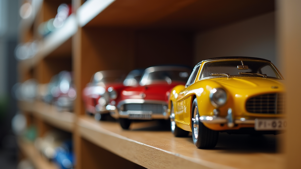 Eye-level view of a collection of classic model cars lined up on a wooden shelf