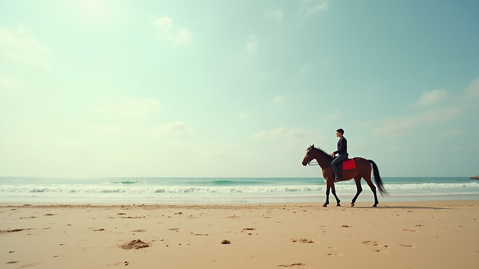 Wide angle view of a horse and rider on a sandy beach