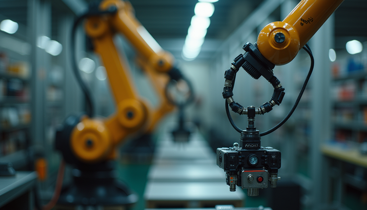 Eye-level view of a robotic arm malfunctioning in an industrial setting