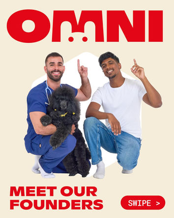 Sussex Photographer Stuart Price captures a lifestyle photo of the two Omni pet food founders, Dr. Guy Sandelowsky and Shiv Sivakumar, crouching with a black poodle against a light background.
