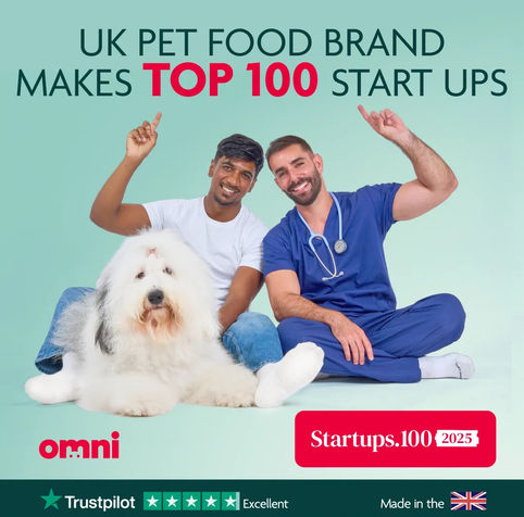 Sussex Photographer Stuart Price captures a lifestyle photo of the two Omni pet food founders, Dr. Guy Sandelowsky and Shiv Sivakumar, crouching with an Old English Sheepdog against a light background.