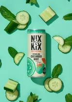 Flat-lay product photography of a Nix & Kix Sparkling Cucumber Mint drink can, surrounded by fresh cucumber slices and mint leaves on a vibrant turquoise background. The condensation on the can enhances its refreshing appeal, while the dynamic composition emphasizes the drink’s natural ingredients and cayenne zing. Captured with precision and expert lighting, this drinks photograph by Brighton drinks photographer Stuart Price showcases premium beverage branding, ideal for health-conscious and refreshing drink promotions.