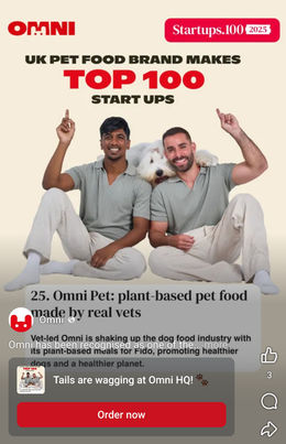 Sussex Photographer Stuart Price captures a lifestyle photo of the two Omni pet food founders, Dr. Guy Sandelowsky and Shiv Sivakumar, crouching with an Old English Sheepdog against a light background.